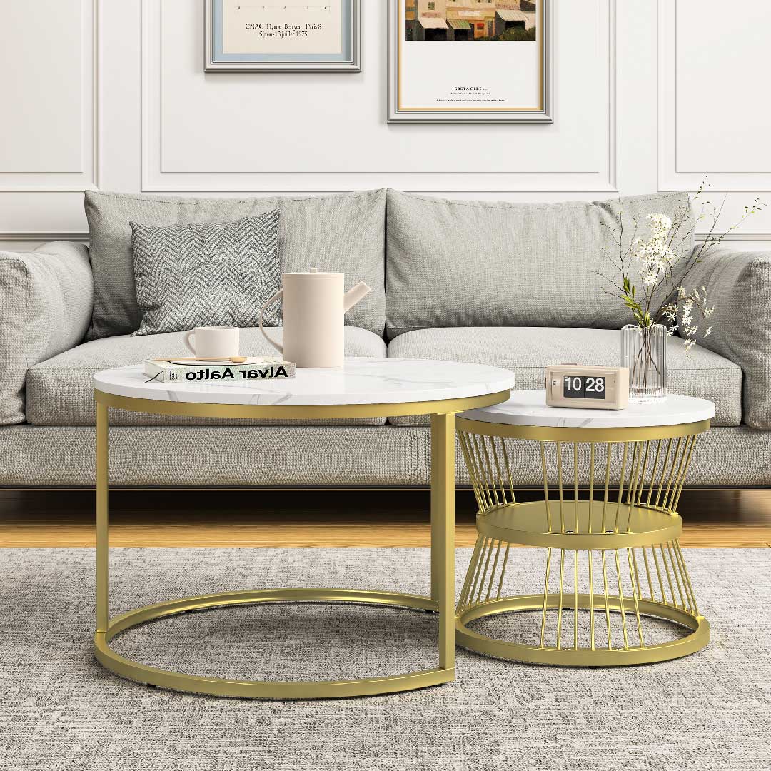 Rundes Couchtisch 2er Set weiß in Marmoroptik & Gold