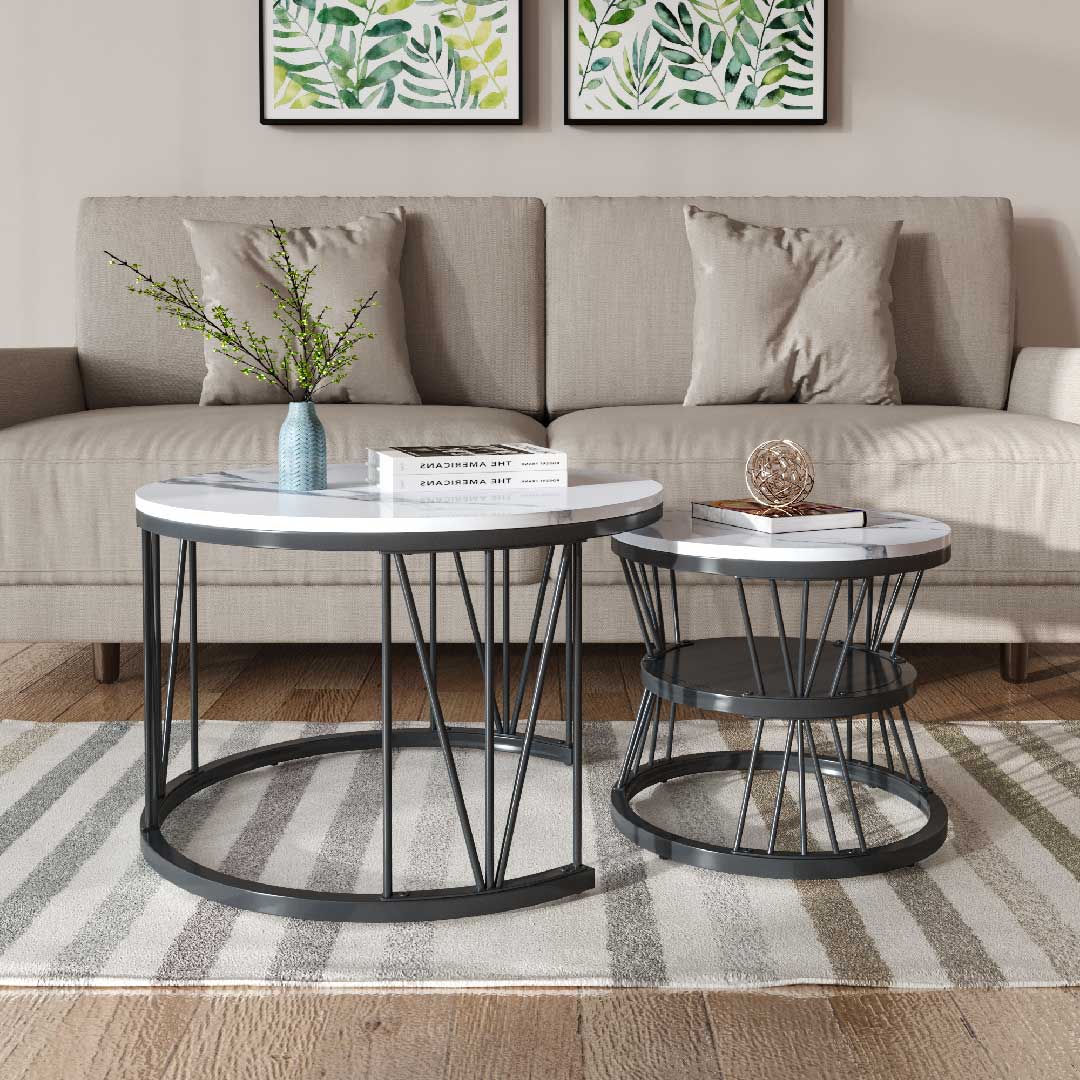 Yelenaro Couchtisch Rund 2er Set in Marmoroptik mit Ablage