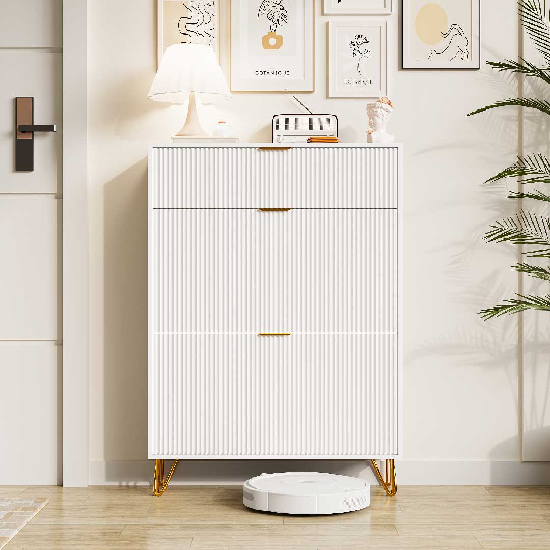 Yelenaro Schuhschrank Weiß – 2 Klappen & Ablagefach, Schmal