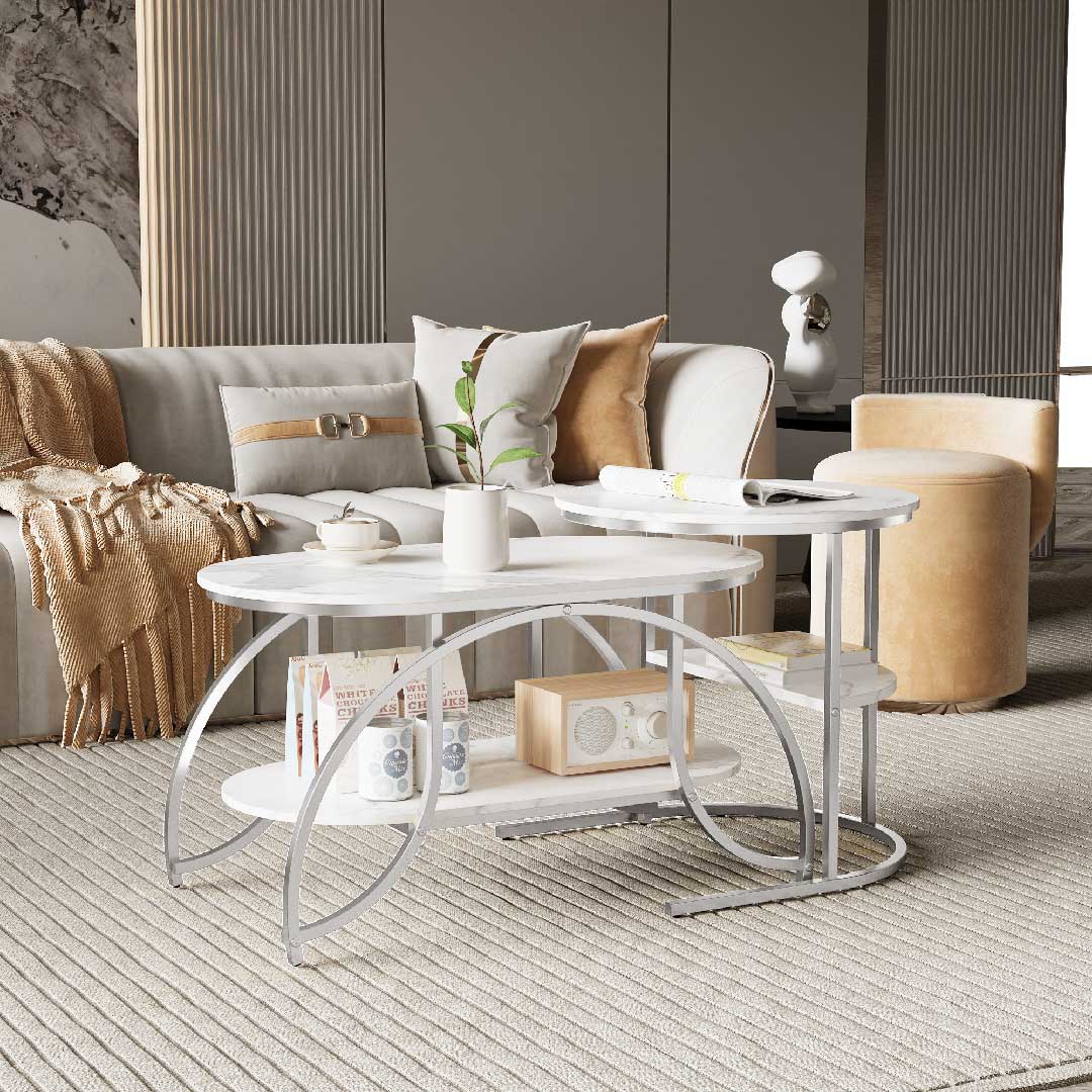 Yelenaro Couchtisch 2er Set Oval in Marmoroptik mit Ablage