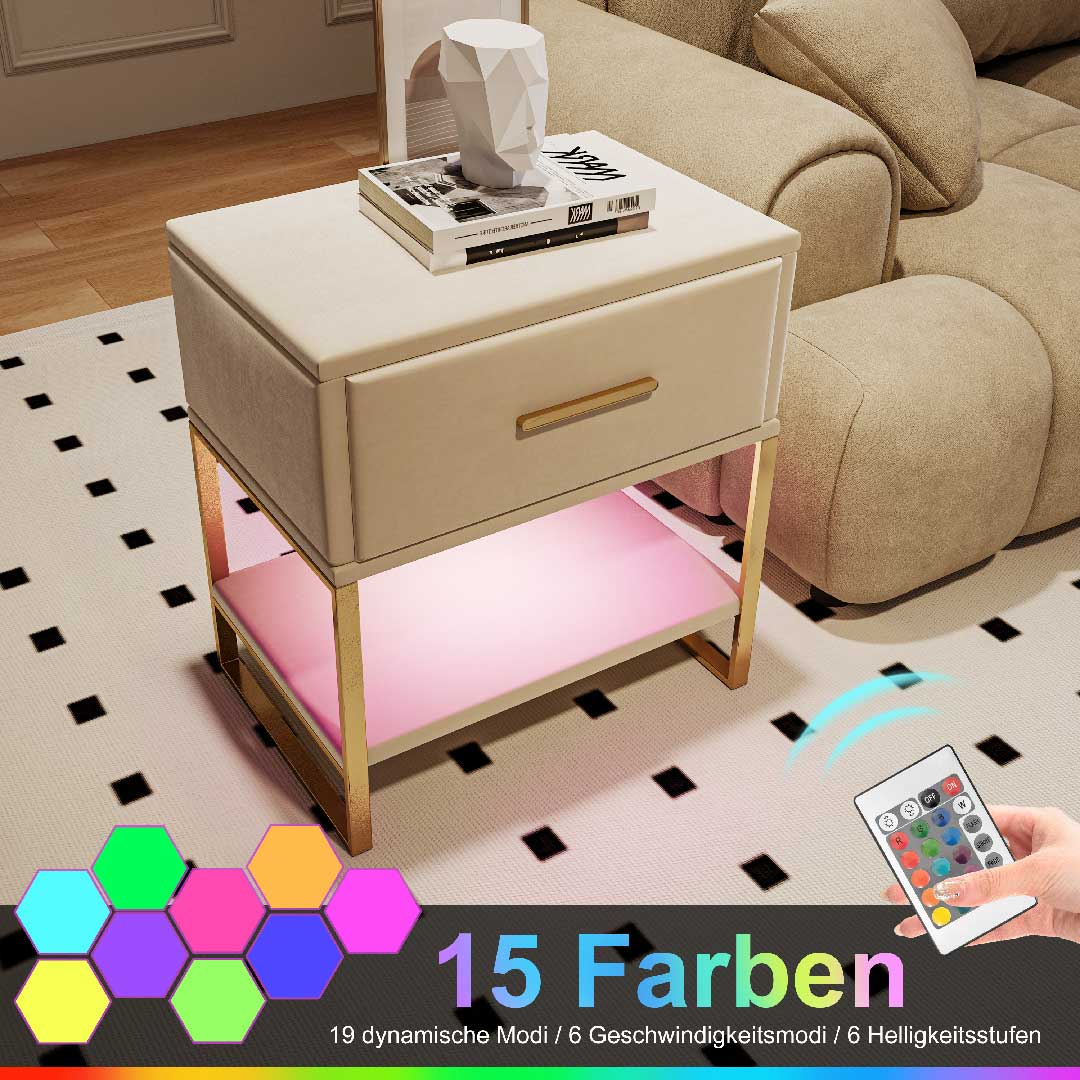 Yelenaro Nachttisch mit LED & Schublade – Moderner Beistelltisch aus Samt mit goldenen Metallbeinen