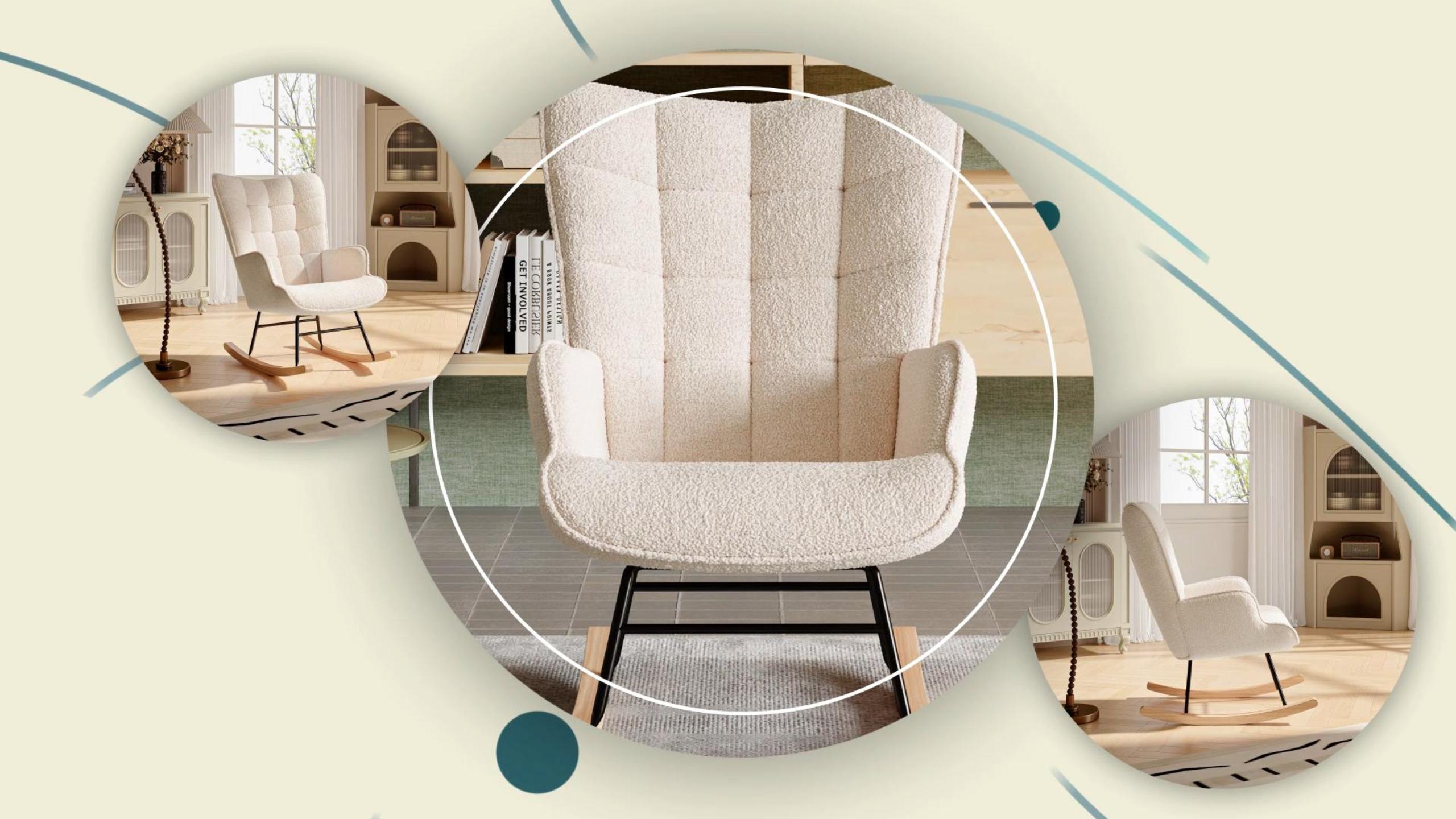 Video laden: Video zeigt den Yelenaro Schaukelstuhl in vier Farben – Beige, Grau, Rosa und Dunkelgrau. Präsentation des Designs aus weichem Lammwoll-Gewebe, ergonomischer Form, Holzfüßen und komfortabler Sitzfläche. Ideal für Wohnzimmer, Schlafzimmer oder Stillzeit.