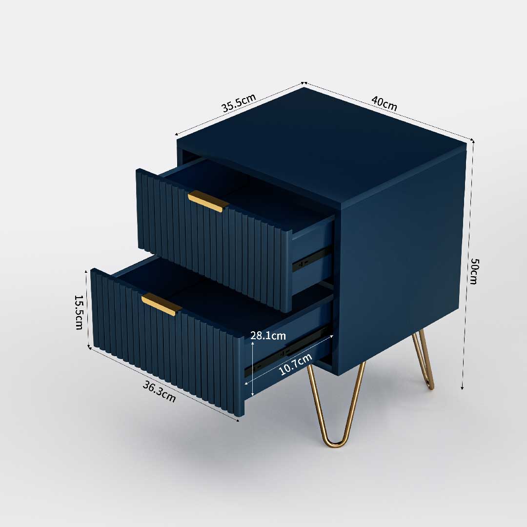 Yelenaro Marineblau Nachttisch mit 2 Schubladen – Moderner Beistelltisch aus Holz mit goldenen Metallbeinen
