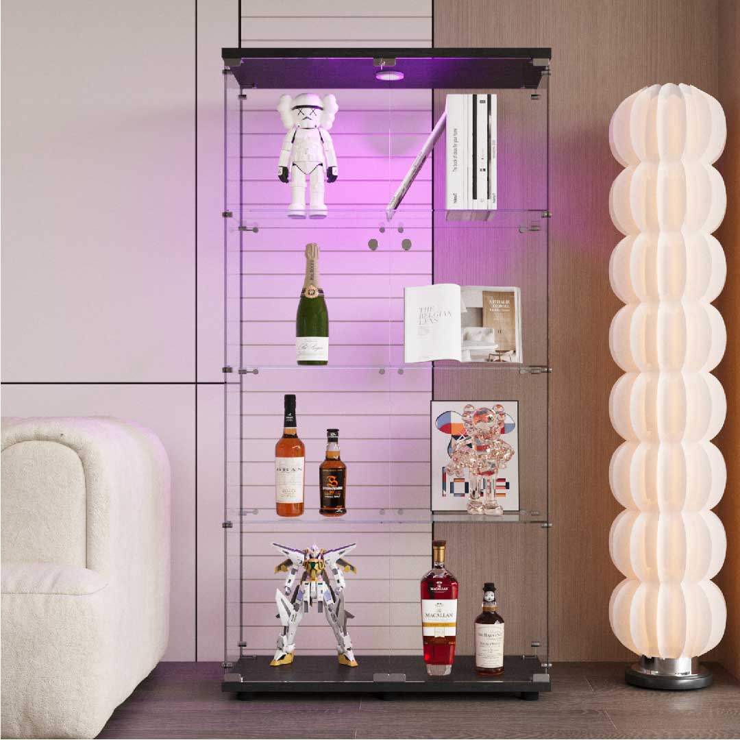 Yelenaro Glasvitrine 165 cm mit LED, Weiß & Schwarz, 4 Böden