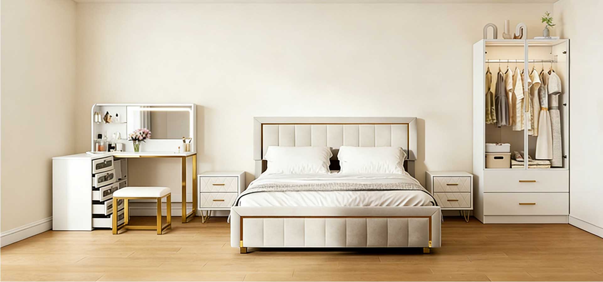 Modernes Schlafzimmer mit Polsterbett, Nachttischen, Schminktisch und Kleiderschrank in hellen Naturtönen