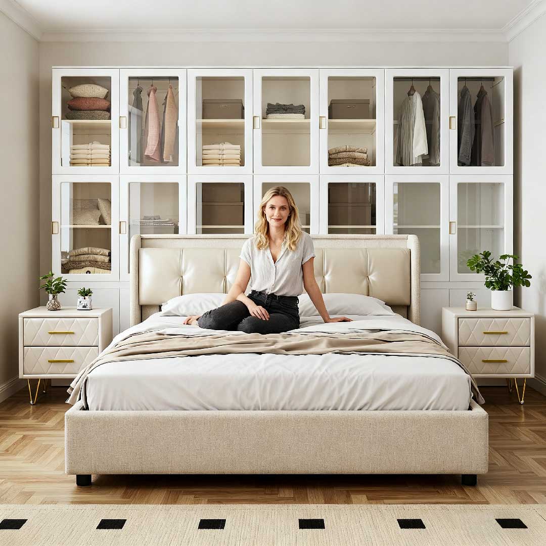 Kleines Schlafzimmer mit Stauraum hinter dem Bett – helles, ruhiges Raumkonzept mit Ordnungssystem