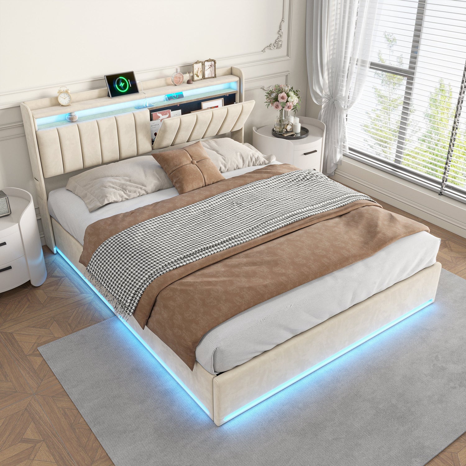 Helles Polsterbett mit LED-Beleuchtung im Schlafzimmer – beruhigende Farben für eine entspannte Schlafatmosphäre