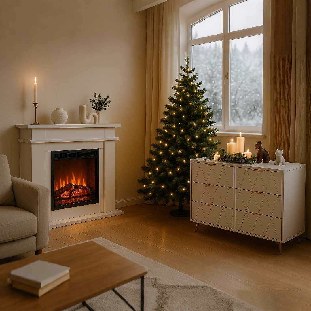 Festlich eingerichtetes Wohnzimmer zu Weihnachten und Neujahr mit Tannenbaum, Kamin und warmem Kerzenlicht