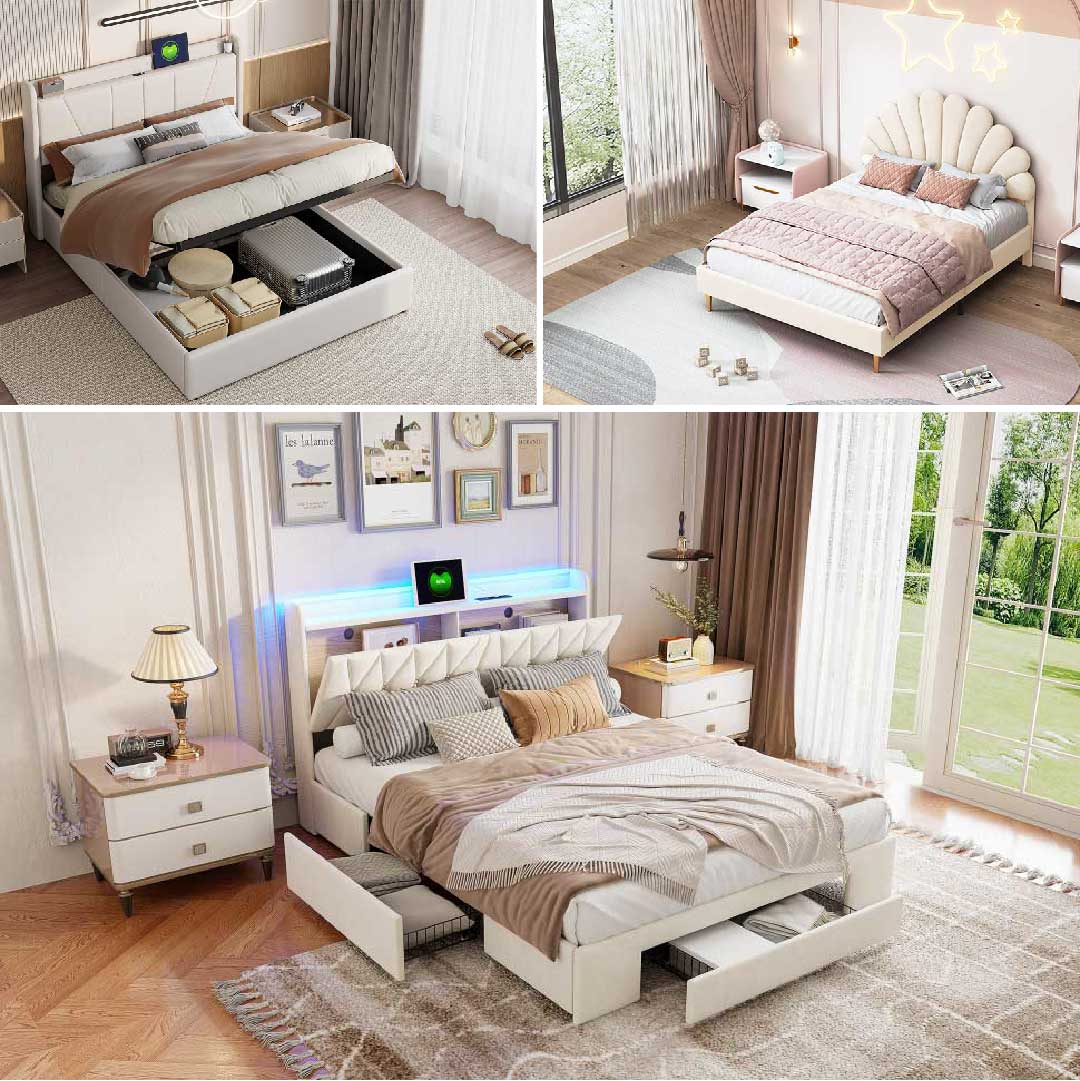 Vergleich von Stauraumbett, Hydraulikbett und klassischem Bettgestell im modernen Schlafzimmer mit Stauraum