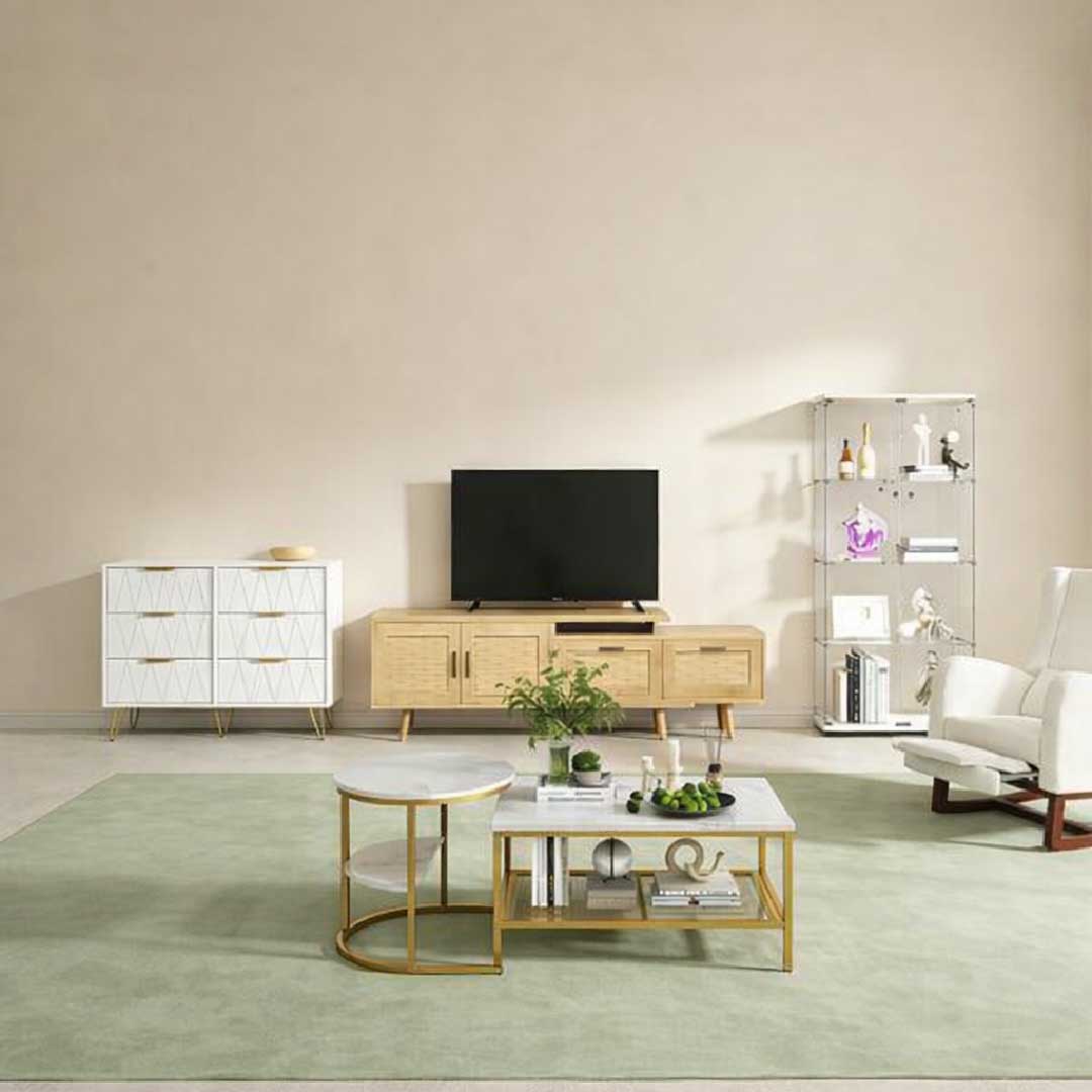 Harmonisch kombinierte Möbel im Wohnzimmer – abgestimmte Farben, Formen und Materialien