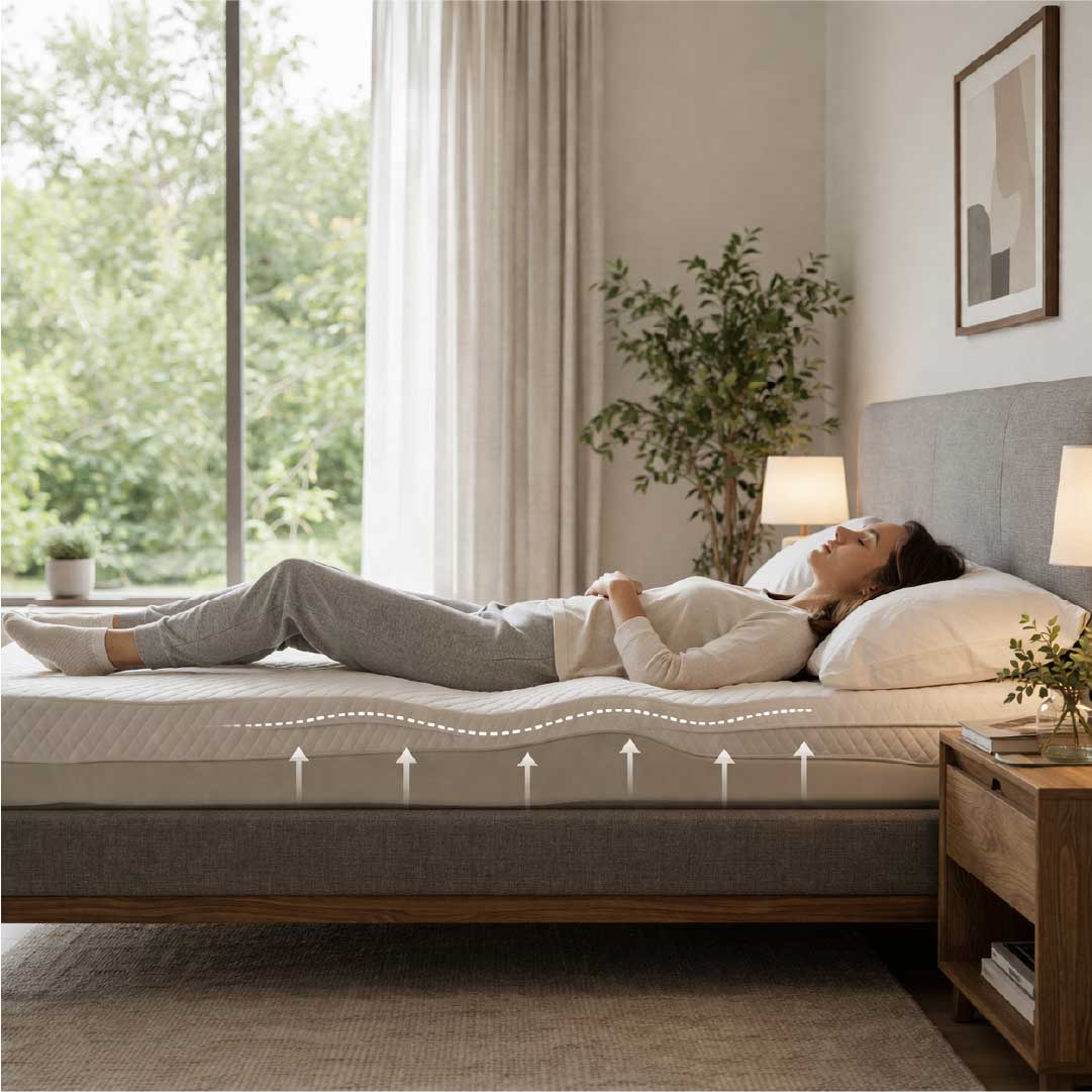 Person liegt ergonomisch auf Bett – wie Bettgestell den Rücken unterstützt