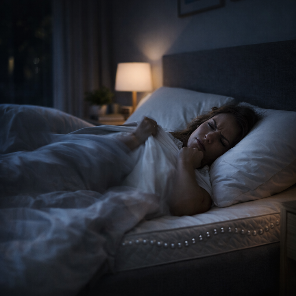 Person liegt nachts im Bett – quietschendes Bett stört den Schlaf