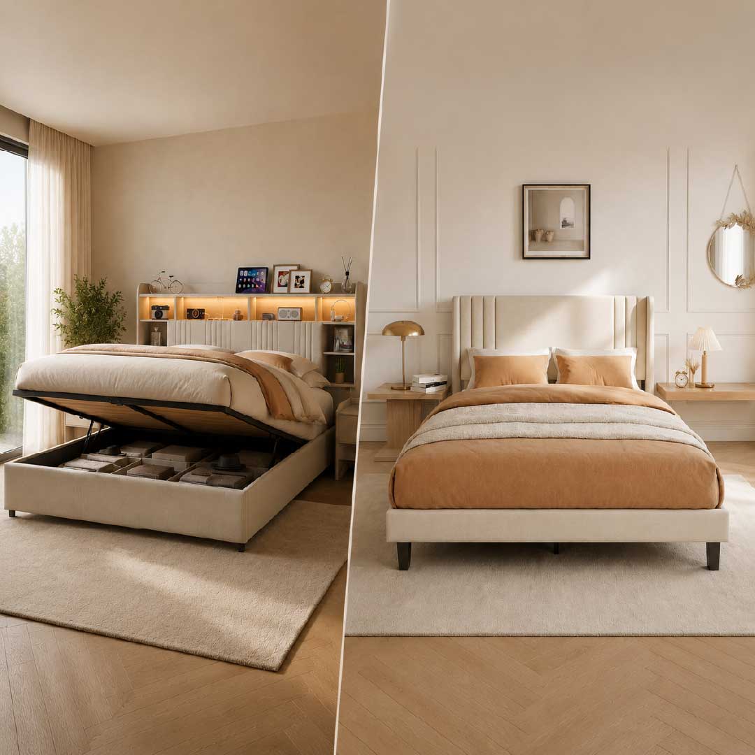 Modernes Stauraumbett und klassisches Bettgestell im Vergleich in einem stilvollen deutschen Schlafzimmer