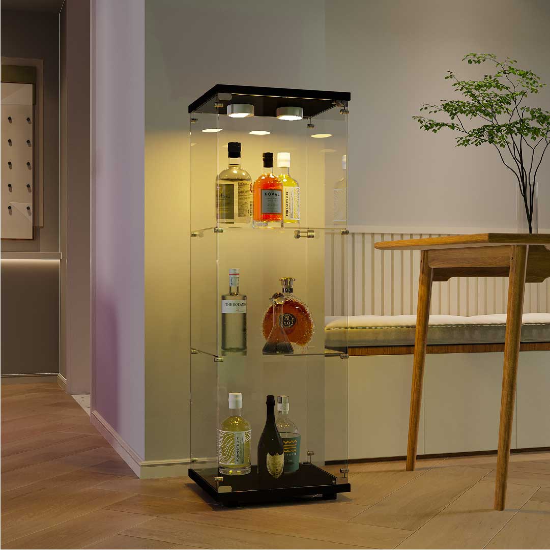 Yelenaro Glasvitrine 125 cm mit LED – Weiß & Schwarz, 3 Böden