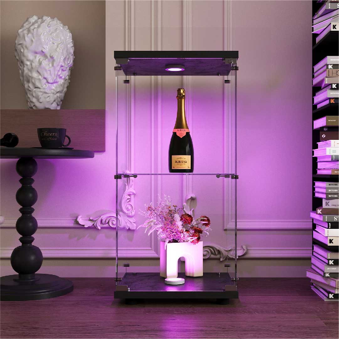 LED Glasvitrine mit Schloss – 2-stöckiger Glasschrank, Sammlervitrine aus Holz & Glas