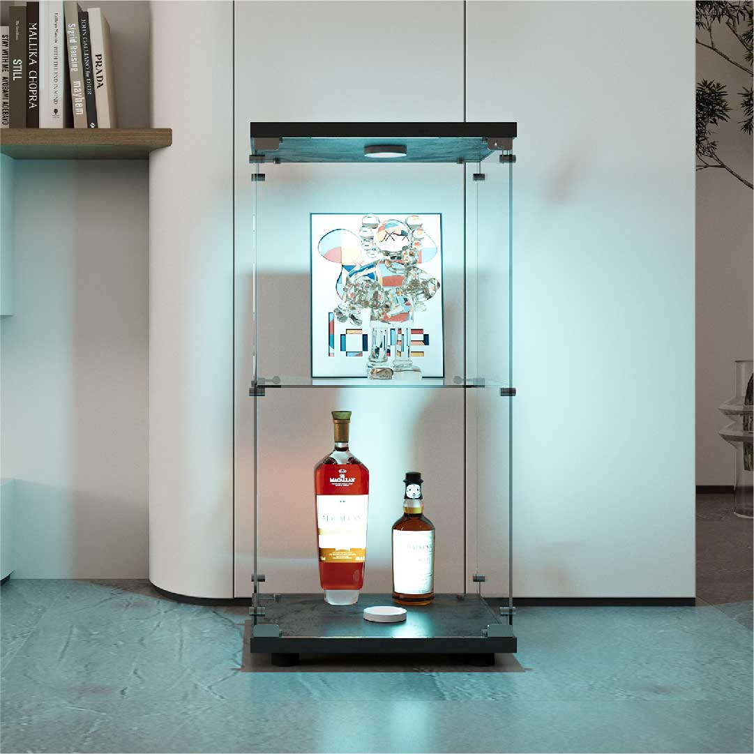 LED Glasvitrine mit Schloss – 2-stöckiger Glasschrank, Sammlervitrine aus Holz & Glas