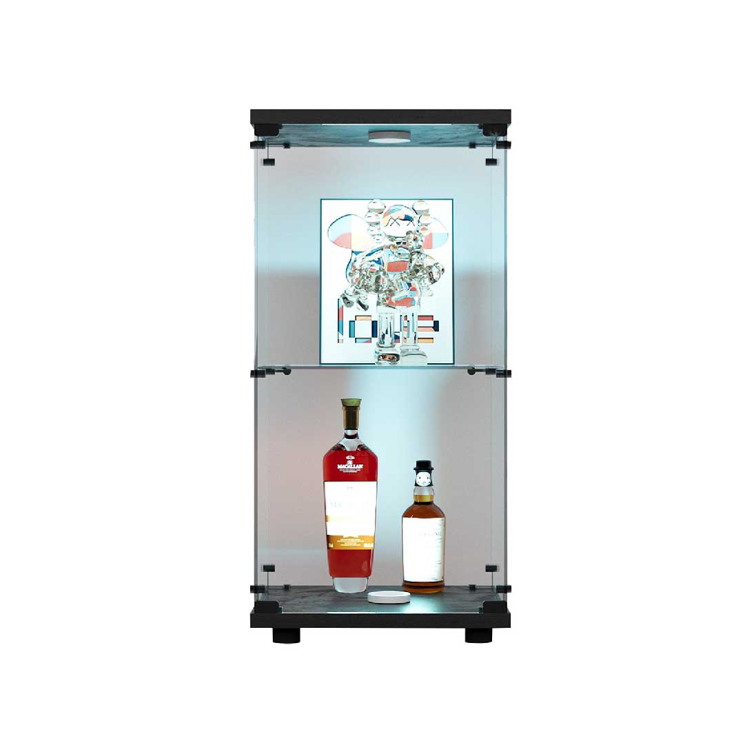 LED Glasvitrine mit Schloss – 2-stöckiger Glasschrank, Sammlervitrine aus Holz & Glas