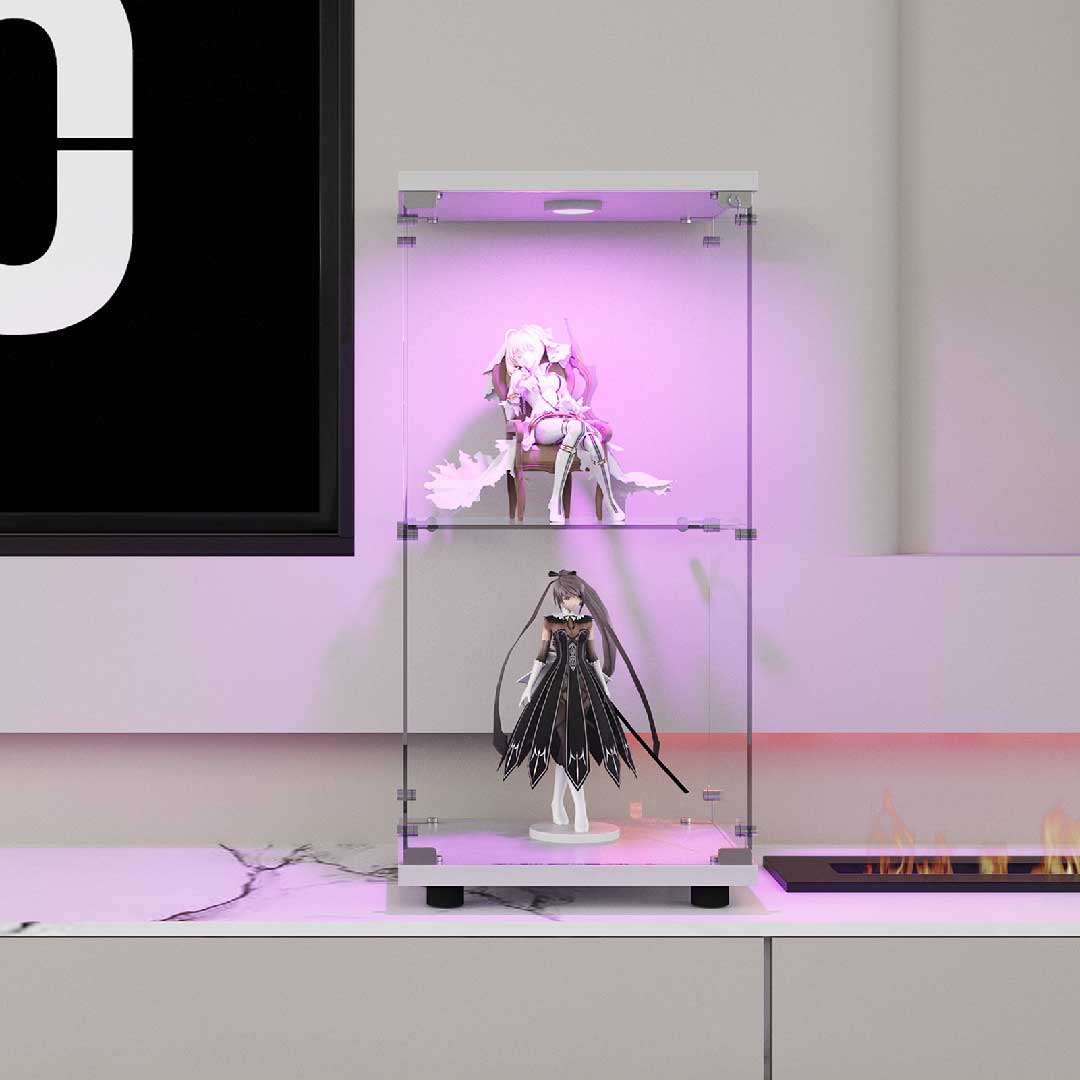 LED Glasvitrine mit Schloss – 2-stöckiger Glasschrank, Sammlervitrine aus Holz & Glas