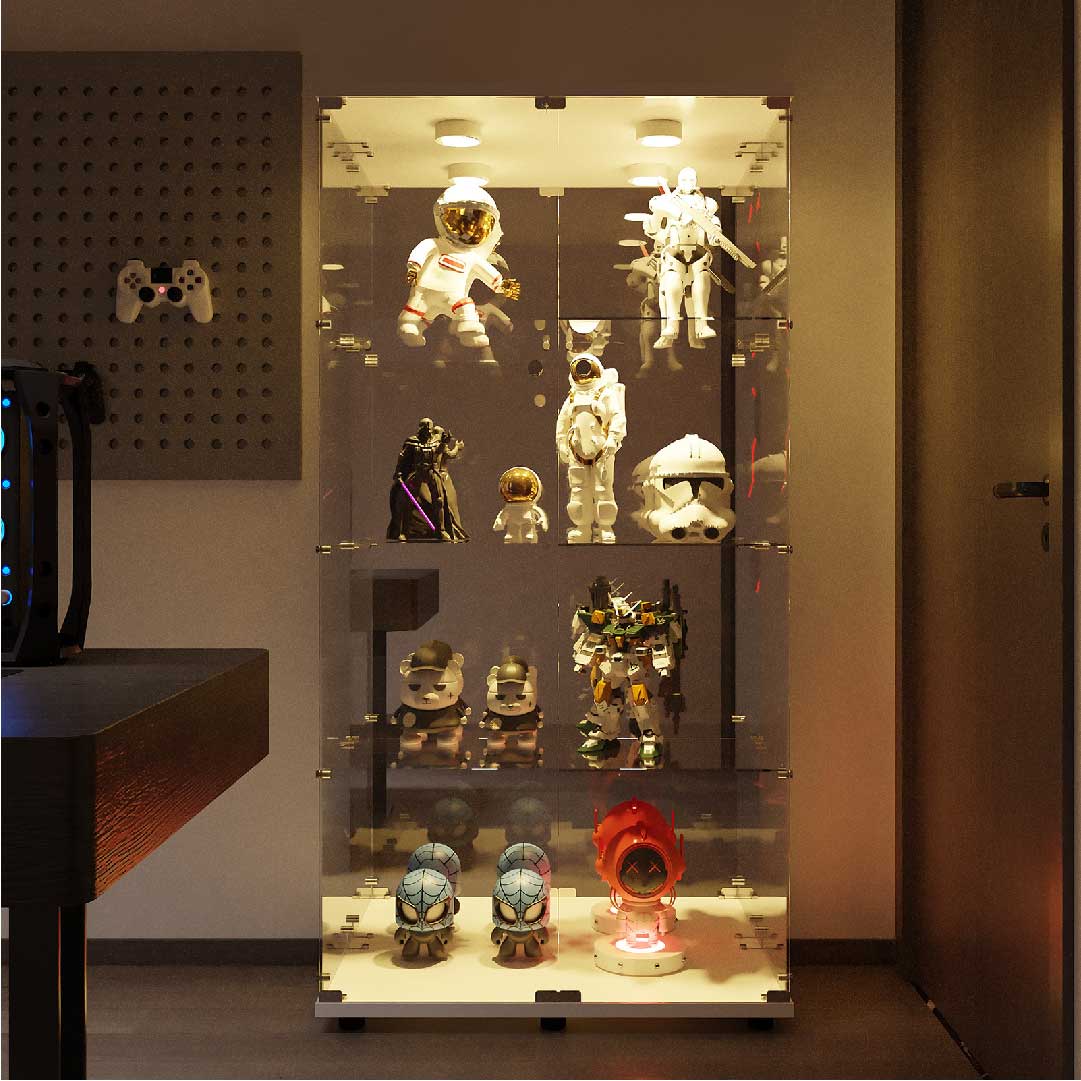 Yelenaro Glasvitrine mit LED – Schmal & Breit, 4 Ebenen, Weiß