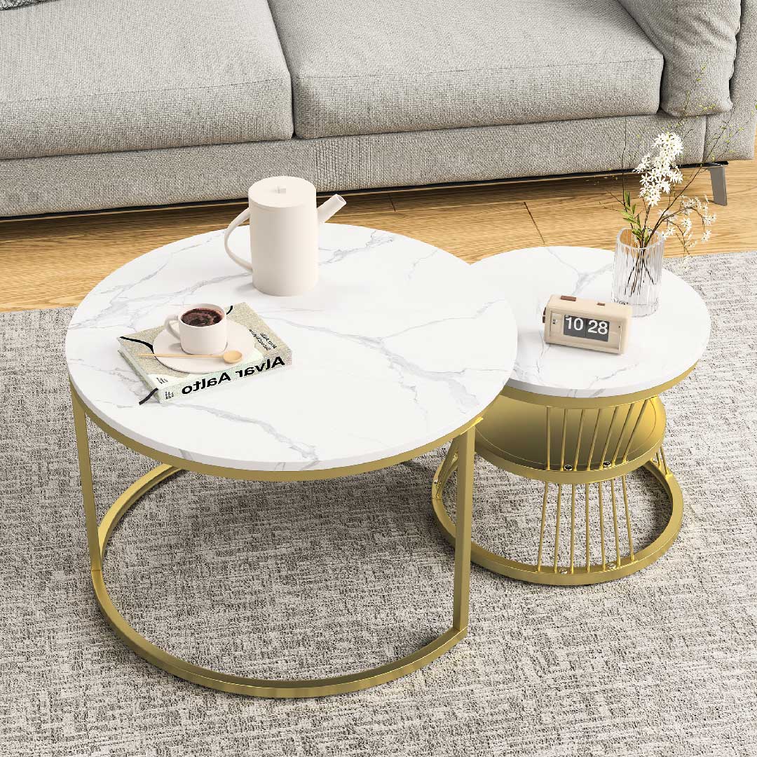Yelenaro Couchtisch Rund Weiss Marmor Optik – 2er Set Gold Wohnzimmertisch