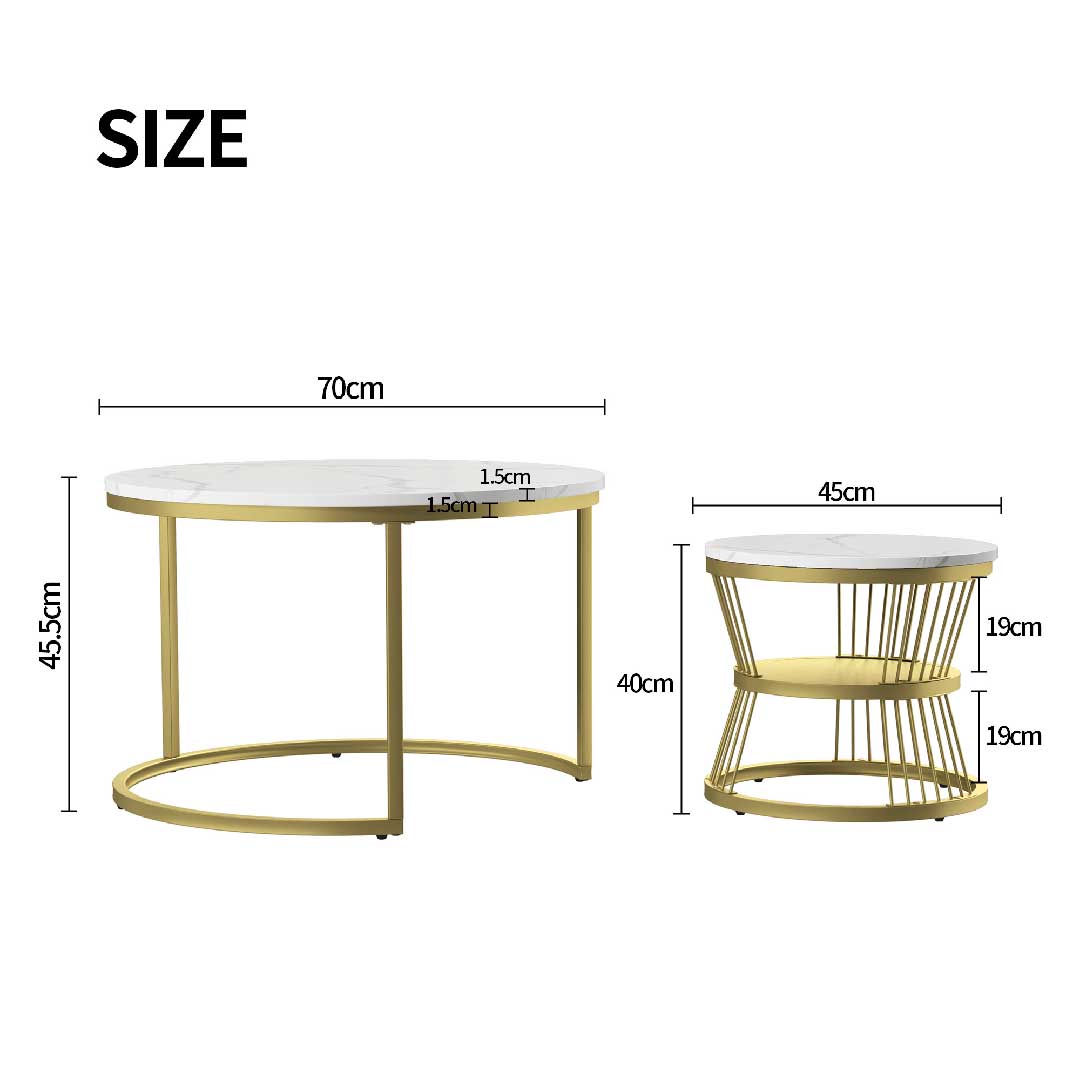 Yelenaro Couchtisch Rund Weiss Marmor Optik – 2er Set Gold Wohnzimmertisch