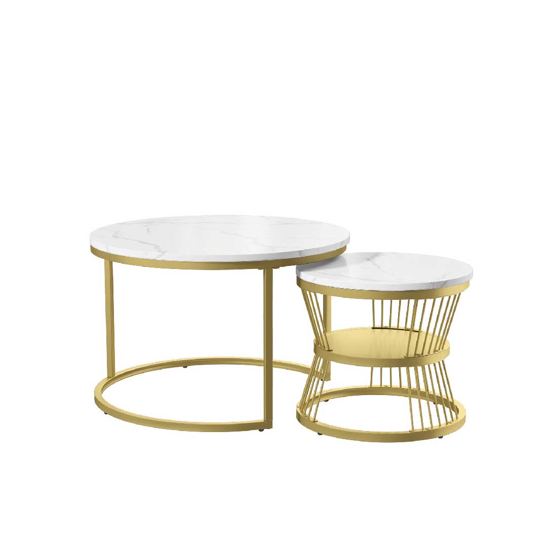 Yelenaro Couchtisch Rund Weiss Marmor Optik – 2er Set Gold Wohnzimmertisch
