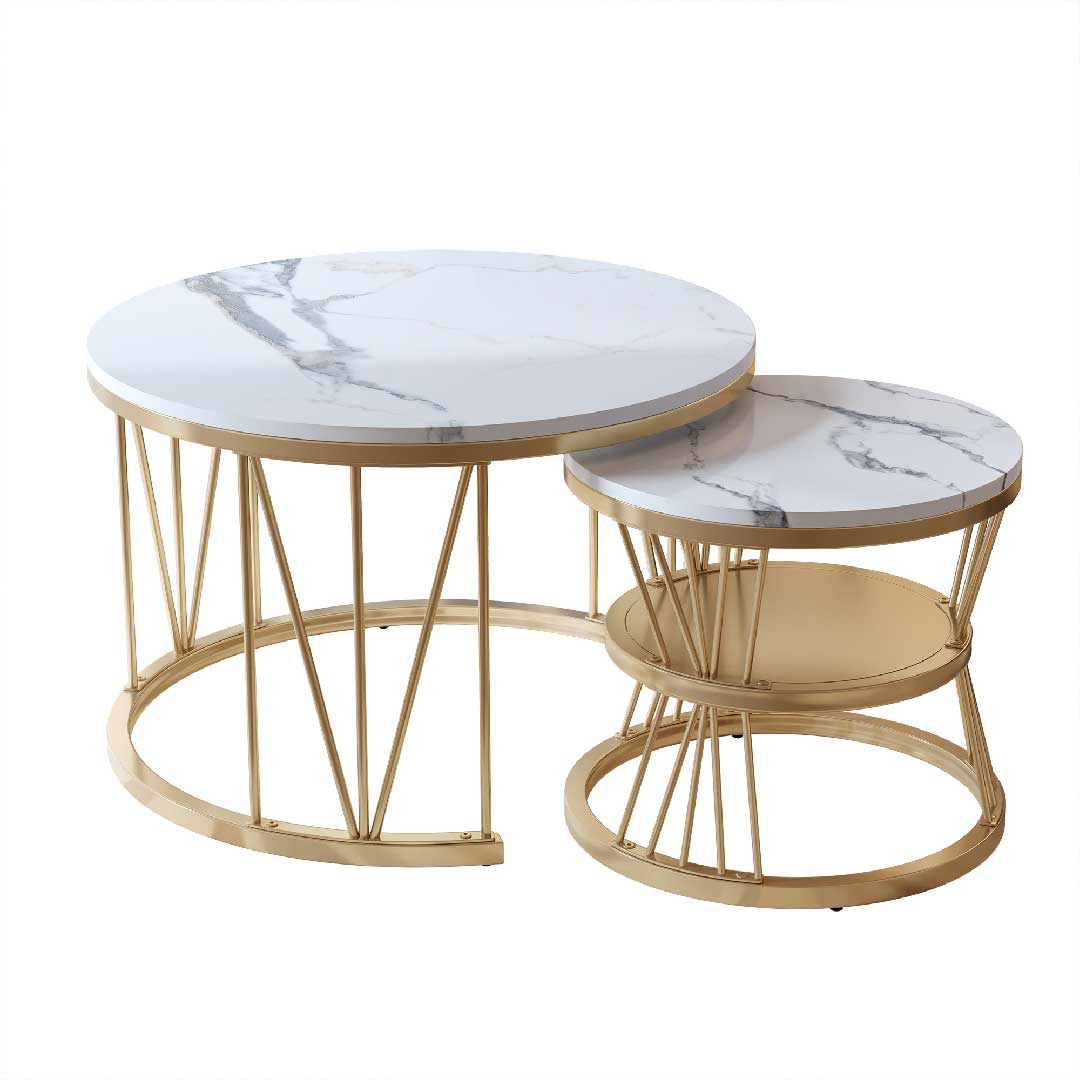 Yelenaro Couchtisch Rund 2er Set Gold – Wohnzimmertisch Marmor Weiß