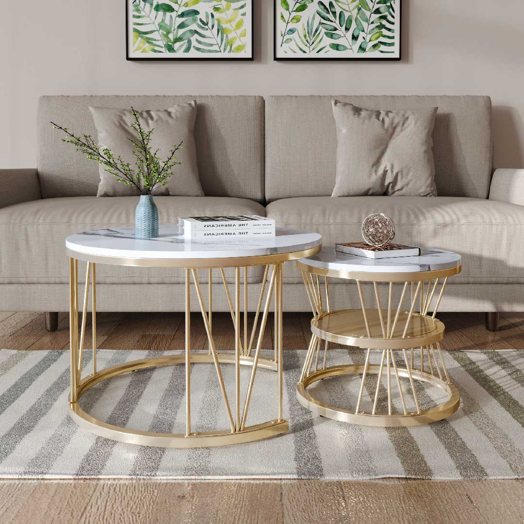 Yelenaro Couchtisch Rund 2er Set Gold – Wohnzimmertisch Marmor Weiß