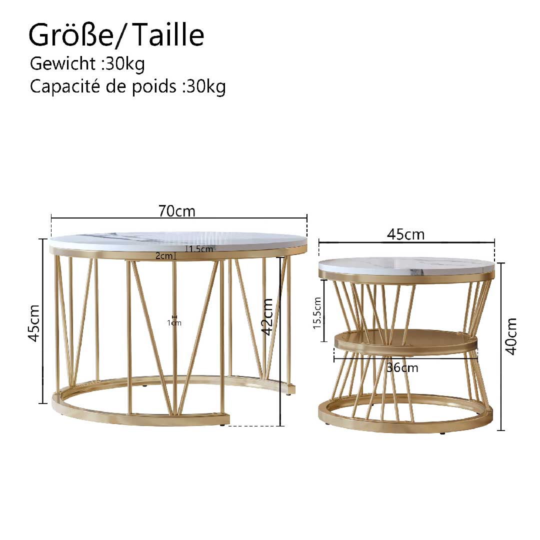 Yelenaro Couchtisch Rund 2er Set Gold – Wohnzimmertisch Marmor Weiß