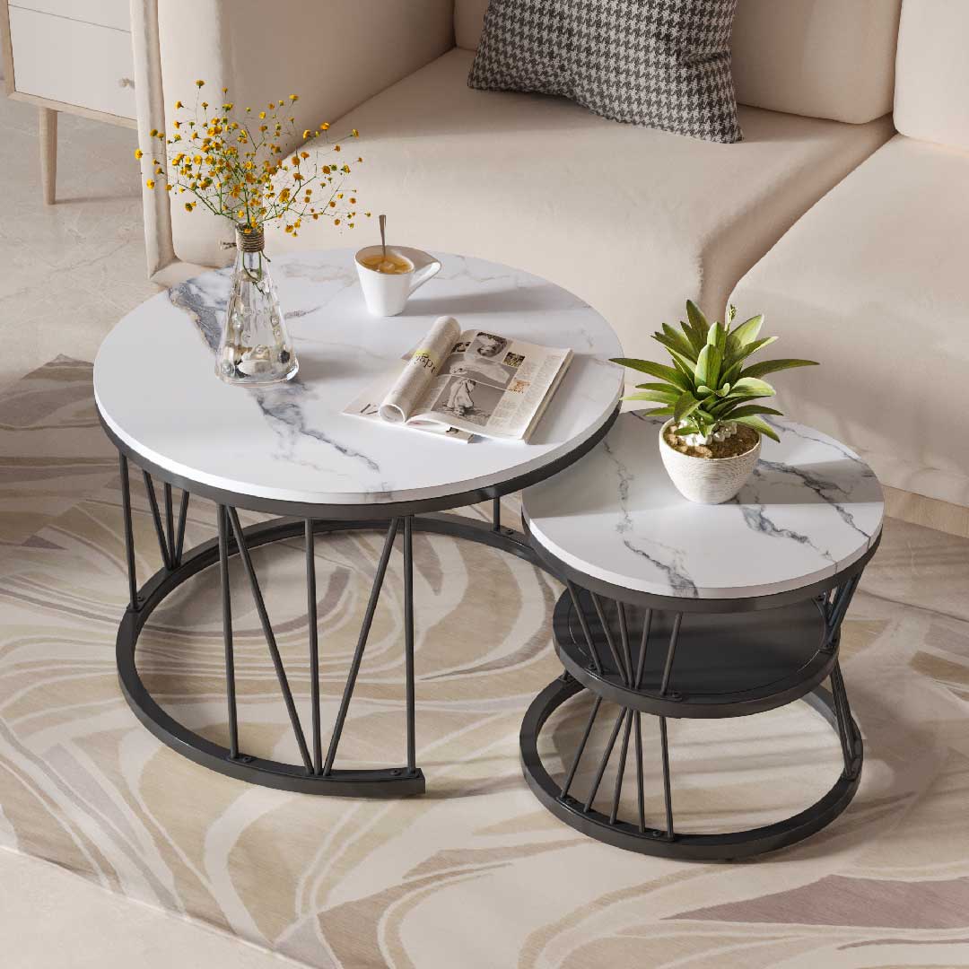 Yelenaro Couchtisch Rund 2er Set in Marmoroptik mit Ablage