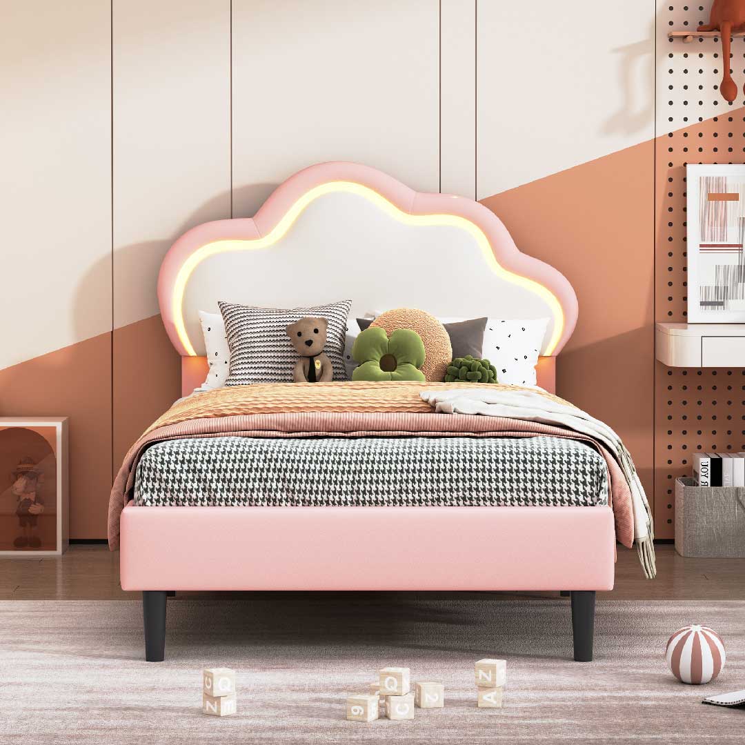 Yelenaro Kinderbett 90x200 in Rosa mit LED-Beleuchtung – Wolken-Design für Mädchenzimmer, weich gepolstert und kindersicher.