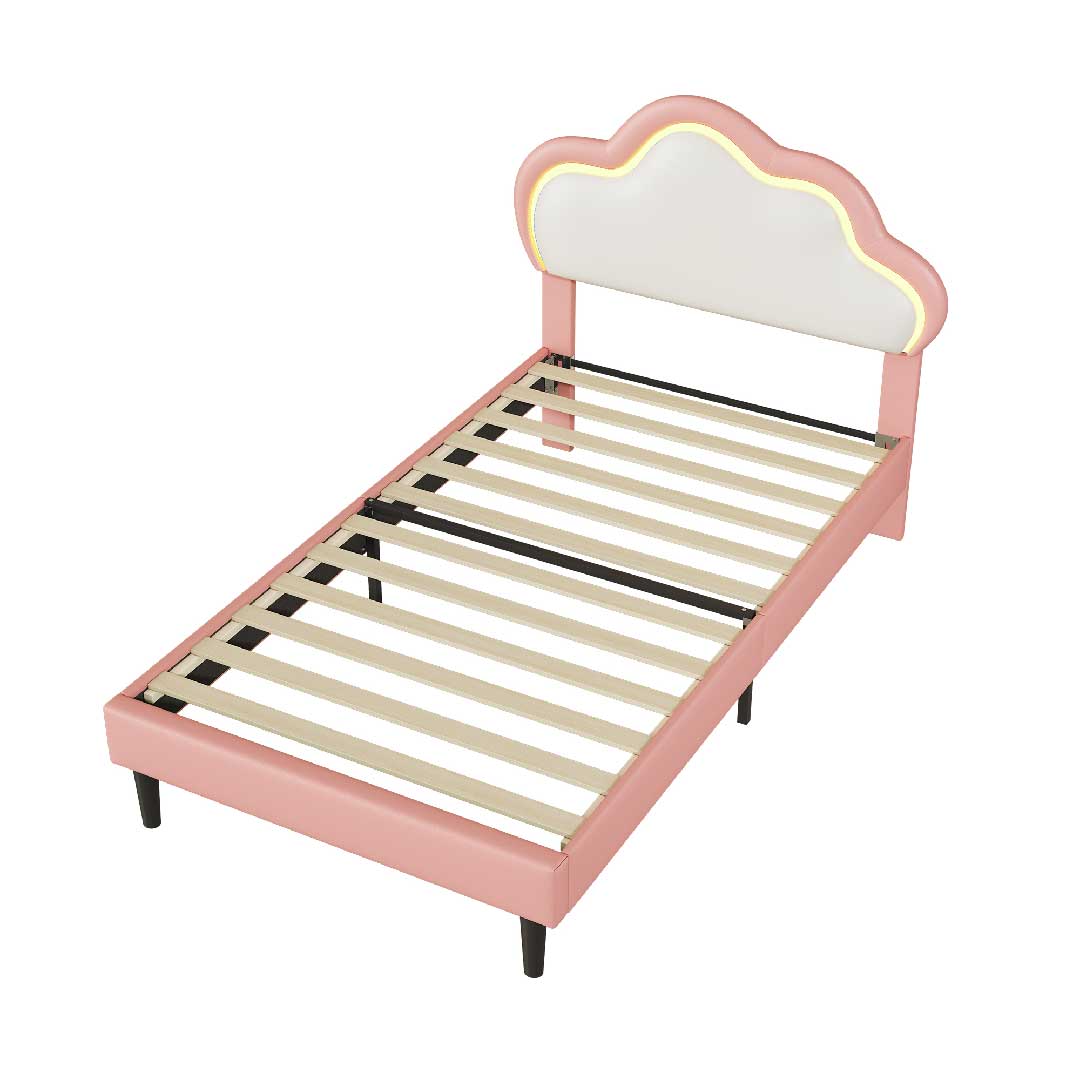 Yelenaro LED-Wolkenbett 90x200 cm – Polsterbett in Rosa mit stabilem Lattenrost und LED-Kopfteil für Kinder und Jugendliche.