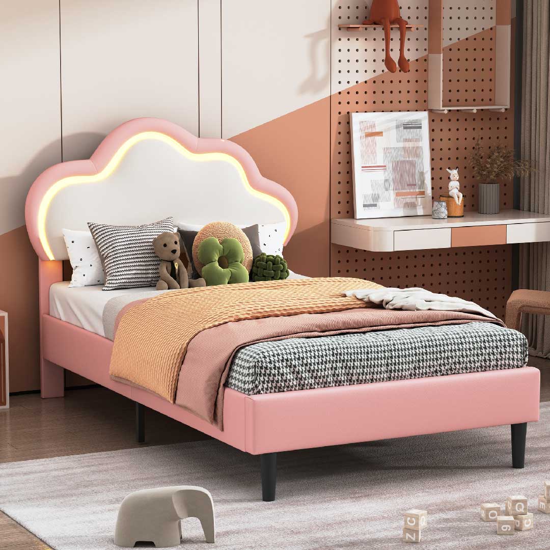 Modernes Kinderzimmer mit Yelenaro LED-Wolkenbett in Rosa – gepolstertes Polsterbett mit LED-Licht und stilvollem Design.