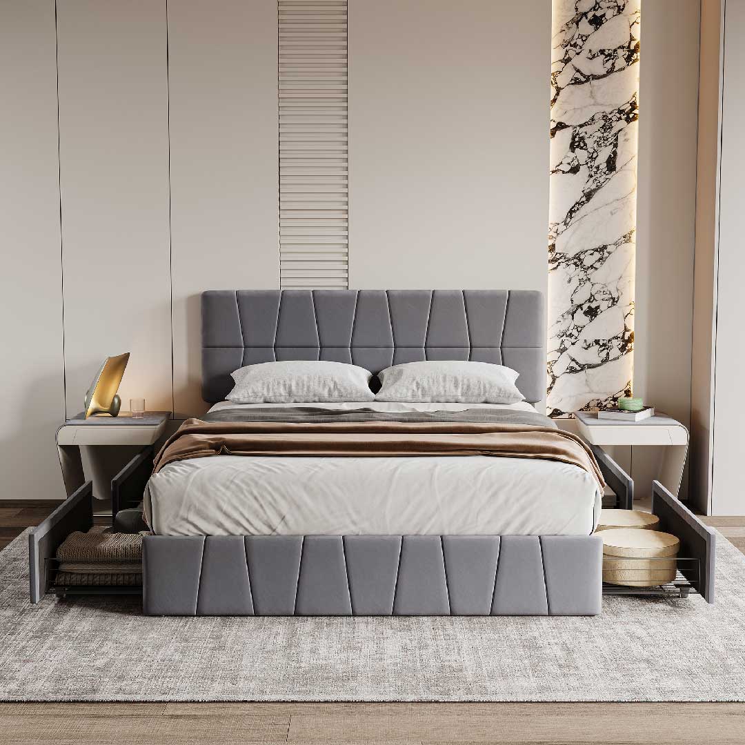 Yelenaro Polsterbett 160×200 cm mit 4 Schubladen – Samt Doppelbett mit höhenverstellbarem Kopfteil, Lattenrost & Stauraum, Grau