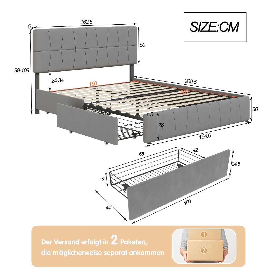 Yelenaro Polsterbett 160×200 cm mit 4 Schubladen – Samt Doppelbett mit höhenverstellbarem Kopfteil, Lattenrost & Stauraum, Grau