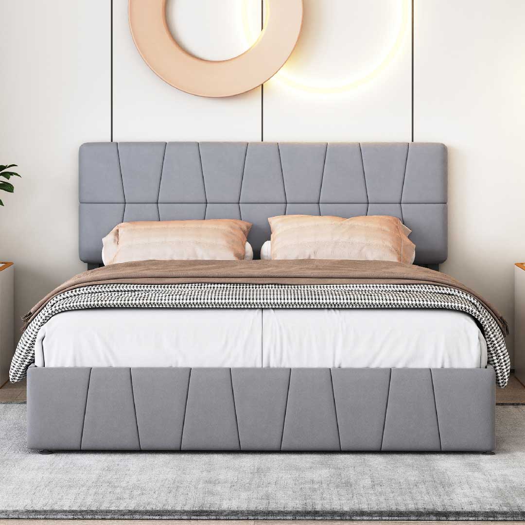 Yelenaro Polsterbett 160×200 cm mit 4 Schubladen – Samt Doppelbett mit höhenverstellbarem Kopfteil, Lattenrost & Stauraum, Grau