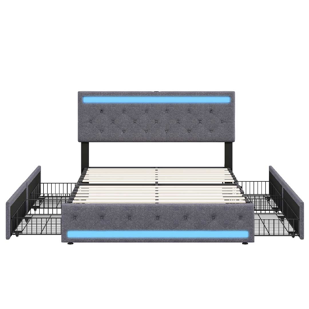 YELENARO LED-Polsterbett 140/160×200cm – Mit USB & 4 Schubladen