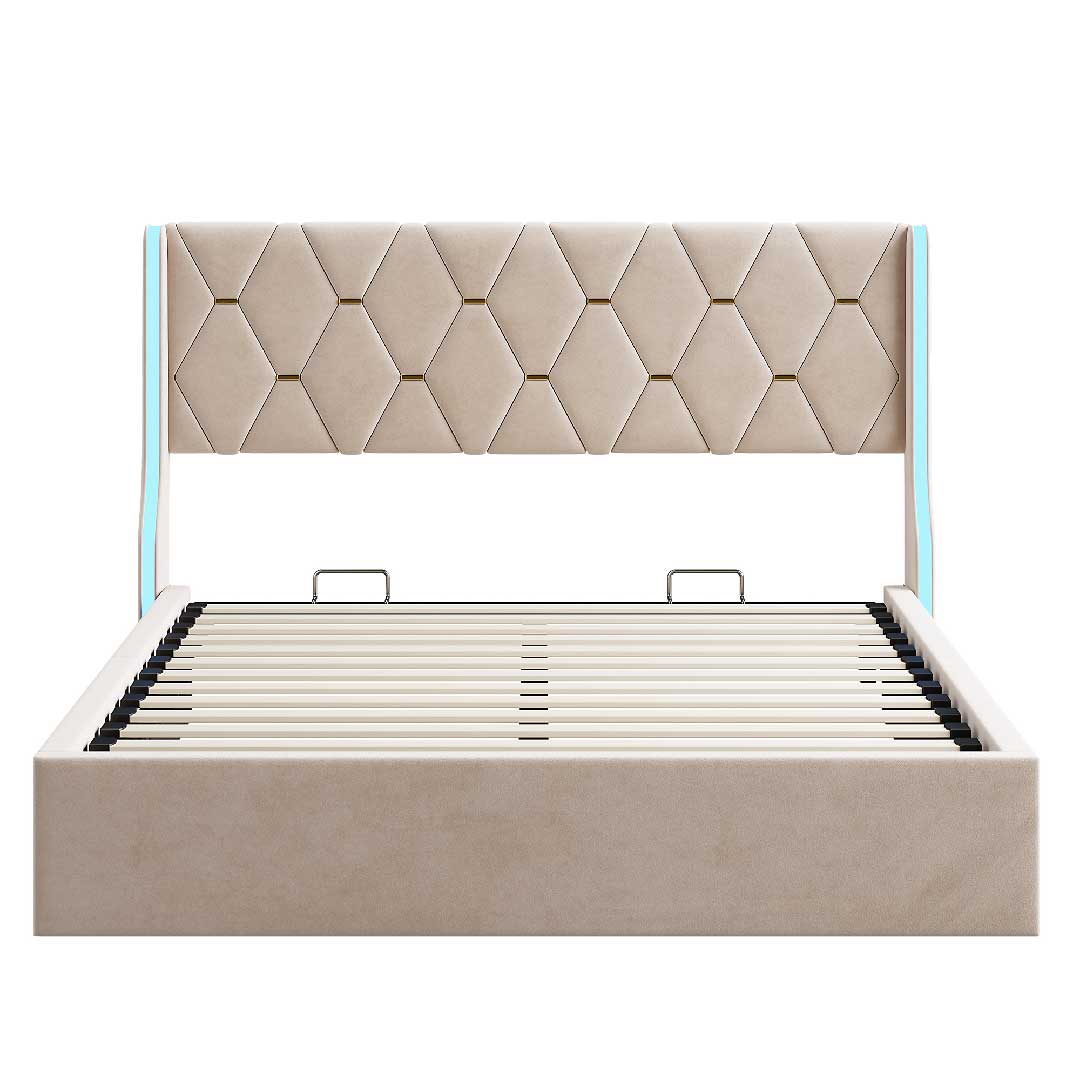 Yelenaro Polsterbett mit LED-Kopfteil und integriertem Lattenrost, Samtbezug in Beige, modernes Bett 140/160×200 cm