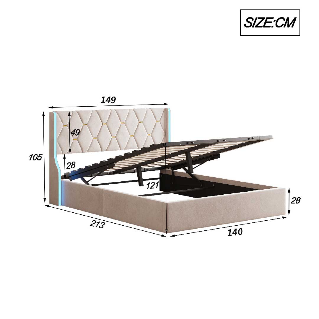 Yelenaro Polsterbett 140×200 cm mit hydraulischem Stauraum, Maßzeichnung des Bettes mit LED-Kopfteil