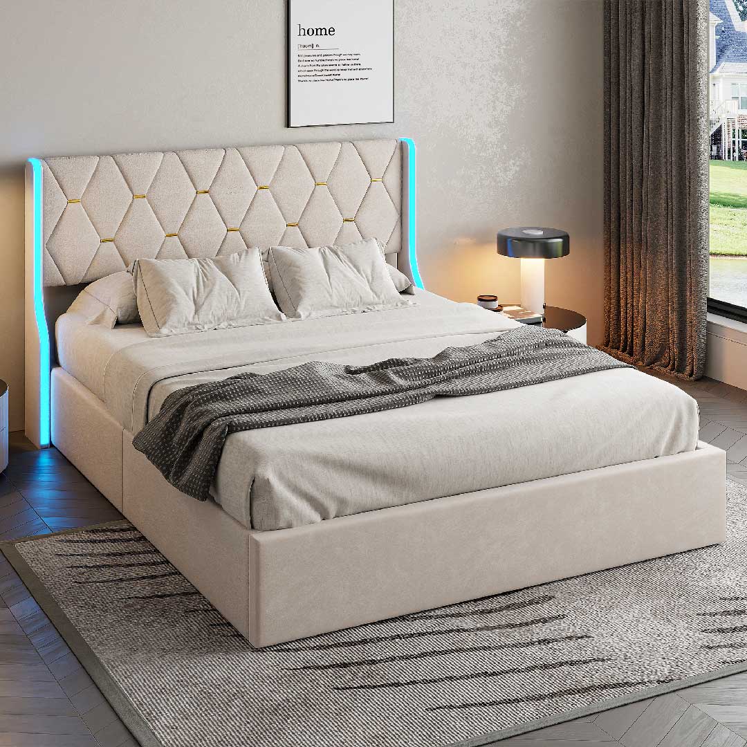 Beiges Samt-Polsterbett mit LED-Beleuchtung und Stauraum, modernes Schlafzimmer mit Yelenaro Bett