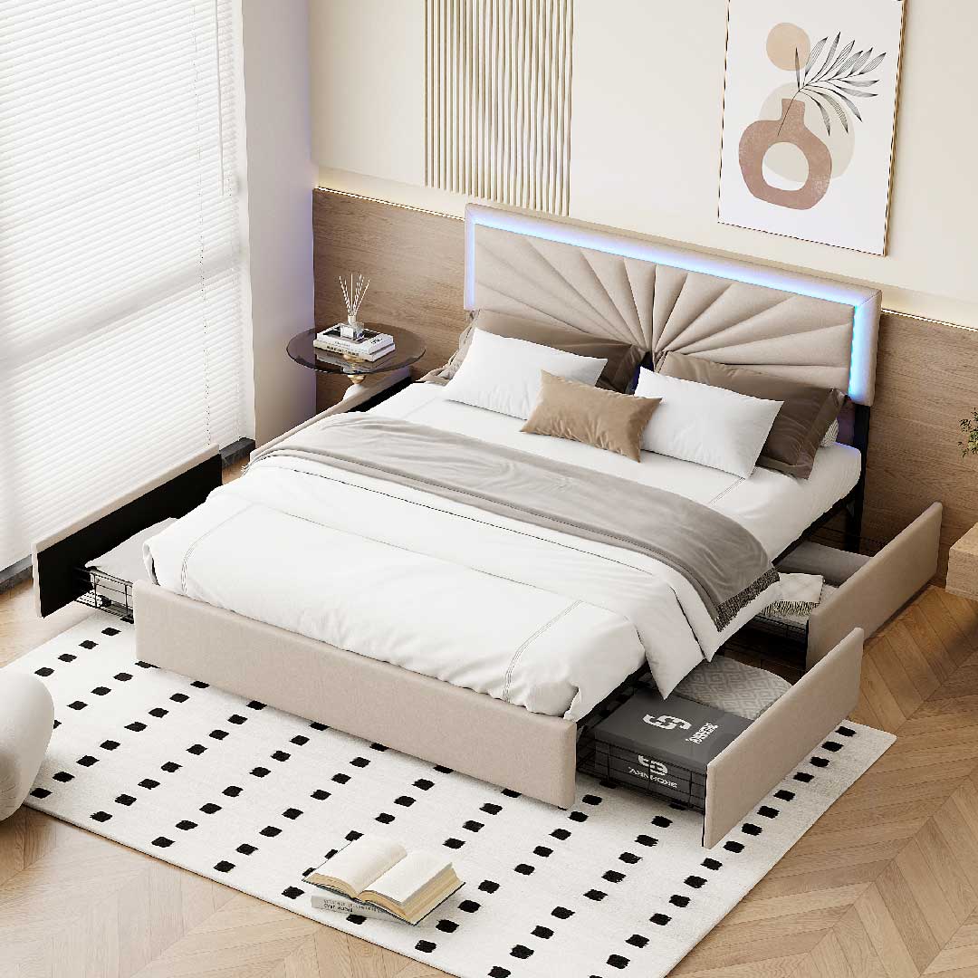 Stoff-Polsterbett mit seitlichen Schubladen und LED-Kopfteil – YELENARO Stauraumbett für Schlafzimmer