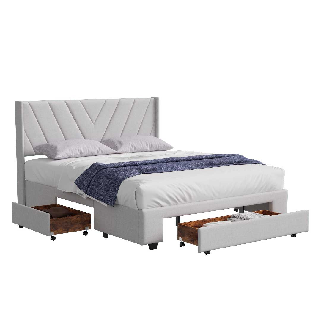 Yelenaro Polsterbett 140×200 / 160×200 cm – Leinen Doppelbett mit 3 Schubladen & Lattenrost, Stauraumbett mit Kopfteil, Beige