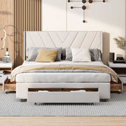 Yelenaro Polsterbett 140×200 / 160×200 cm – Leinen Doppelbett mit 3 Schubladen & Lattenrost, Stauraumbett mit Kopfteil, Beige