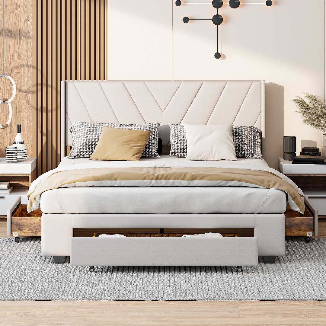 Yelenaro Polsterbett 140×200 / 160×200 cm – Leinen Doppelbett mit 3 Schubladen & Lattenrost, Stauraumbett mit Kopfteil, Beige