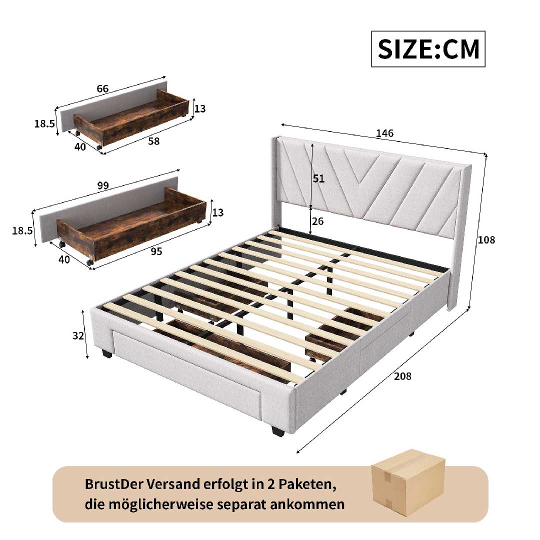 Yelenaro Polsterbett 140×200 / 160×200 cm – Leinen Doppelbett mit 3 Schubladen & Lattenrost, Stauraumbett mit Kopfteil, Beige