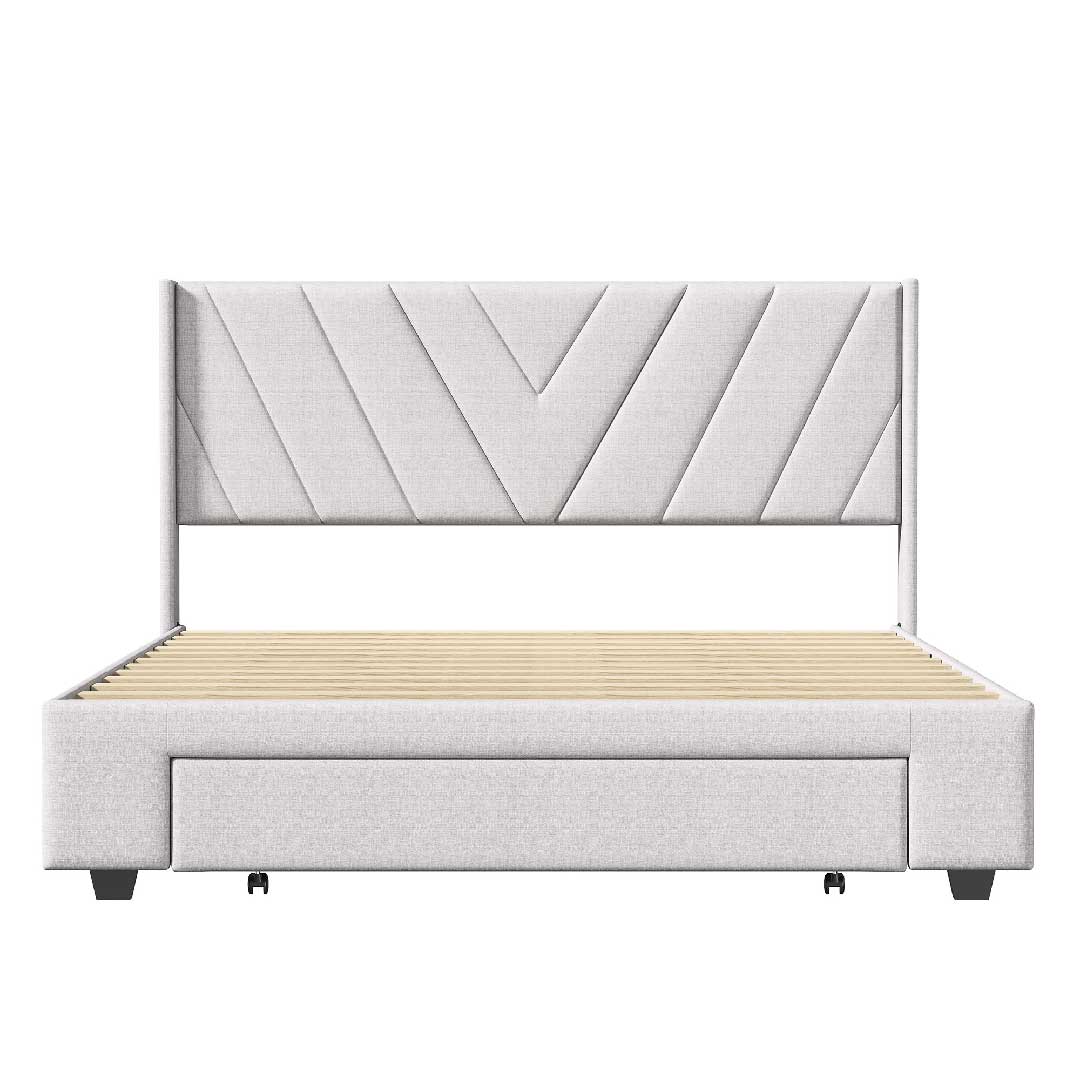 Yelenaro Polsterbett 140×200 / 160×200 cm – Leinen Doppelbett mit 3 Schubladen & Lattenrost, Stauraumbett mit Kopfteil, Beige