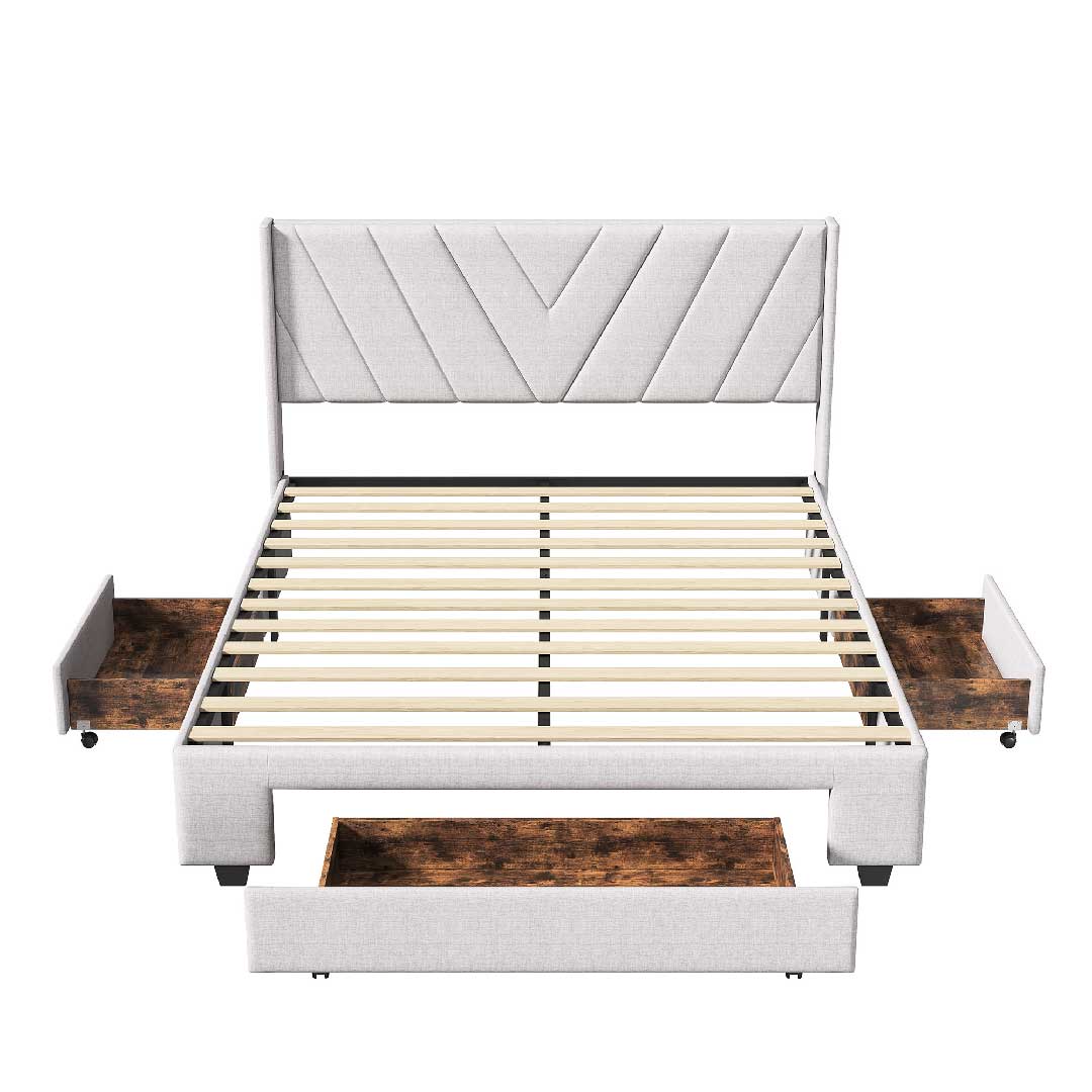 Yelenaro Polsterbett 140×200 / 160×200 cm – Leinen Doppelbett mit 3 Schubladen & Lattenrost, Stauraumbett mit Kopfteil, Beige