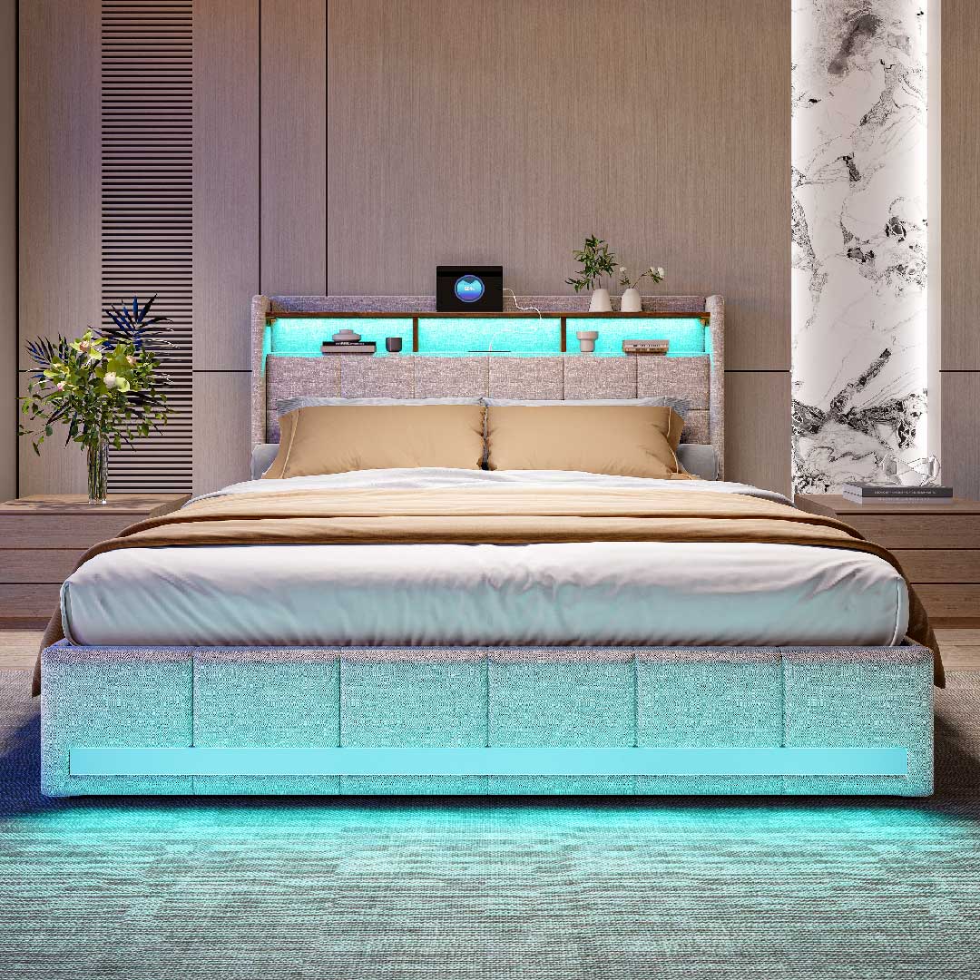 Modernes Schlafzimmer mit beigem Yelenaro Leinenbett – LED-Beleuchtung am Kopfteil, USB-Anschlüsse und 4 Schubladen für optimale Organisation.