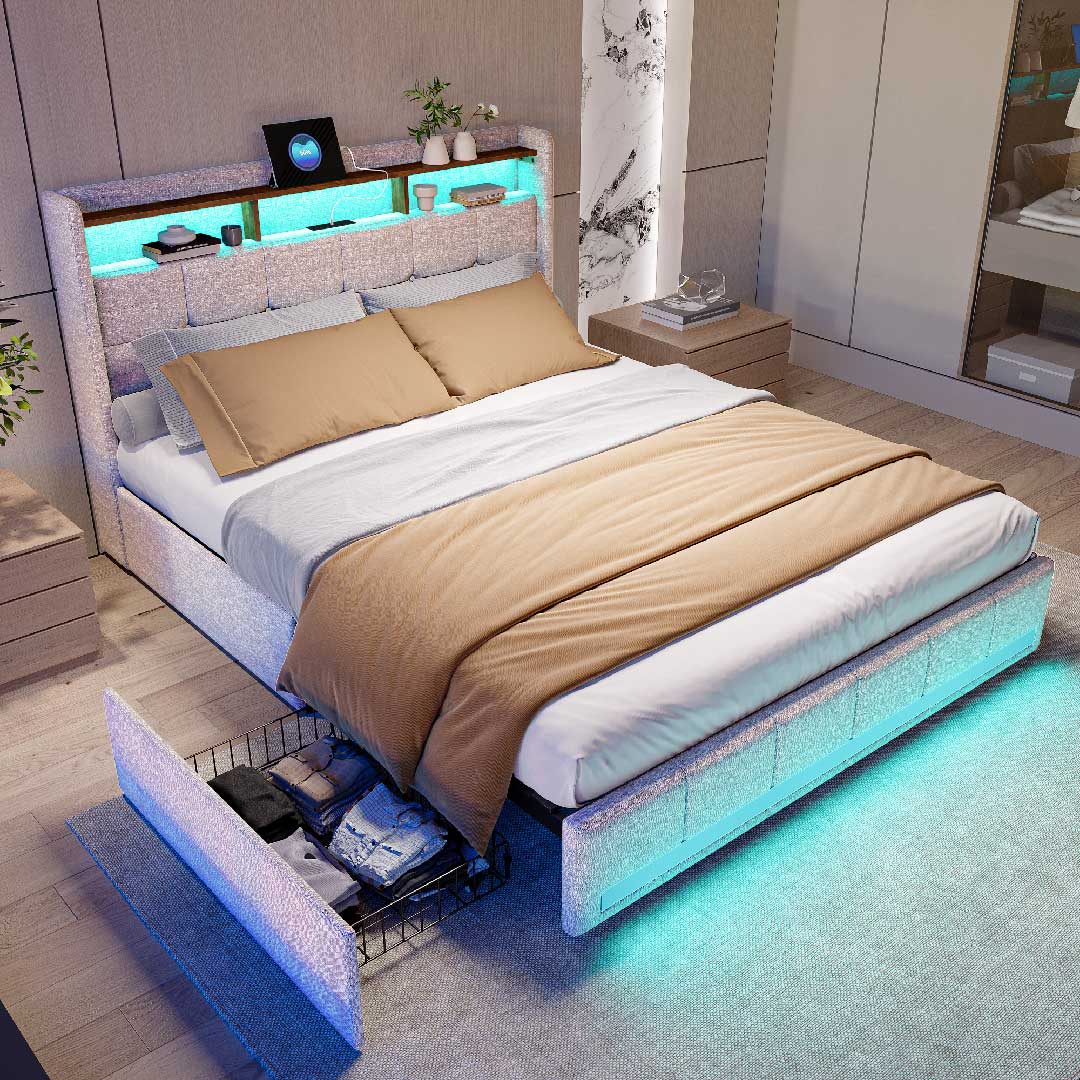 Yelenaro Leinen-Polsterbett mit ausziehbaren Schubladen, LED-Beleuchtung und USB – funktionales Bett für modernes Wohndesign.