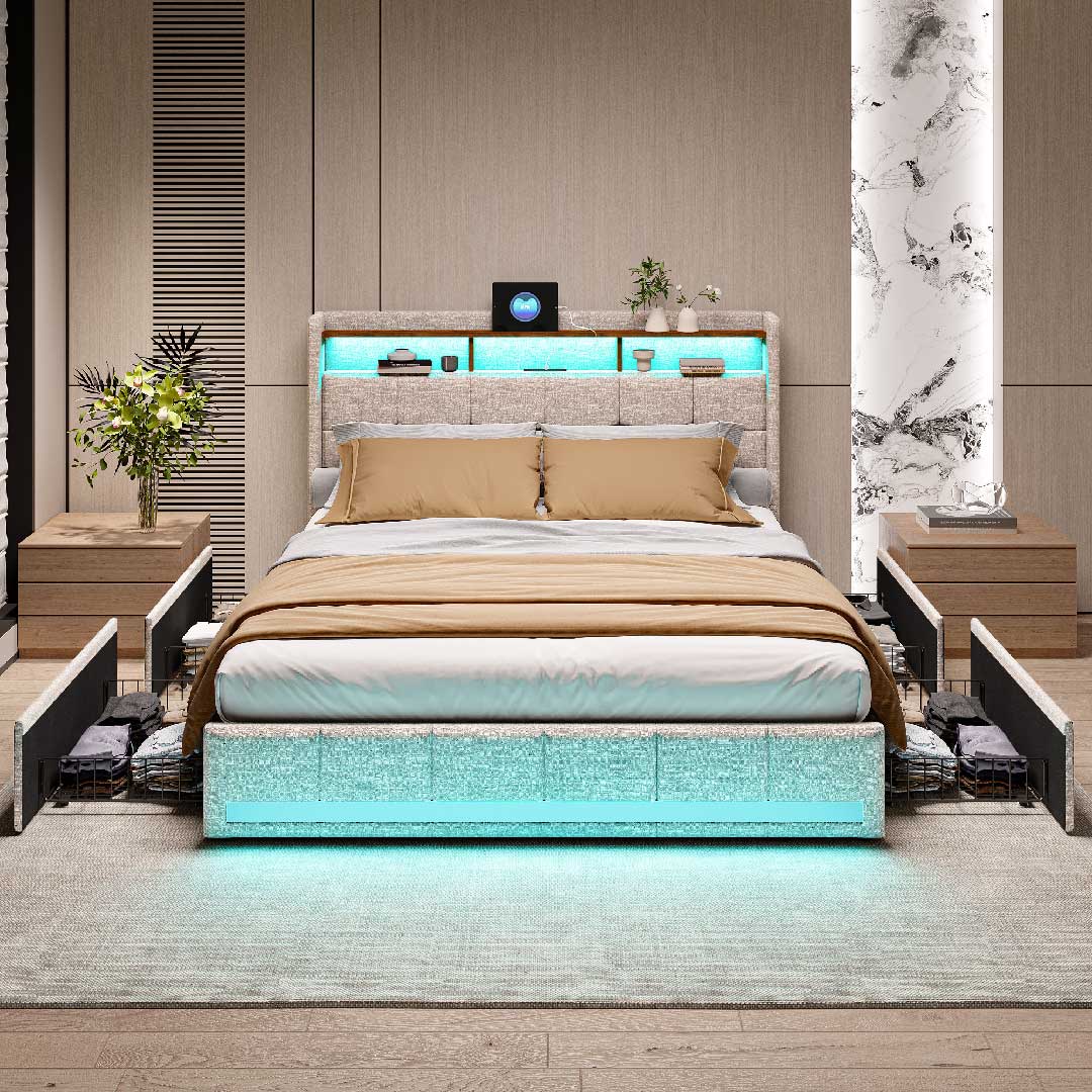Yelenaro Polsterbett aus beigem Leinen mit RGB-LED und USB – modernes Doppelbett mit Kopfteilablage und 4 Schubladen für praktischen Stauraum.